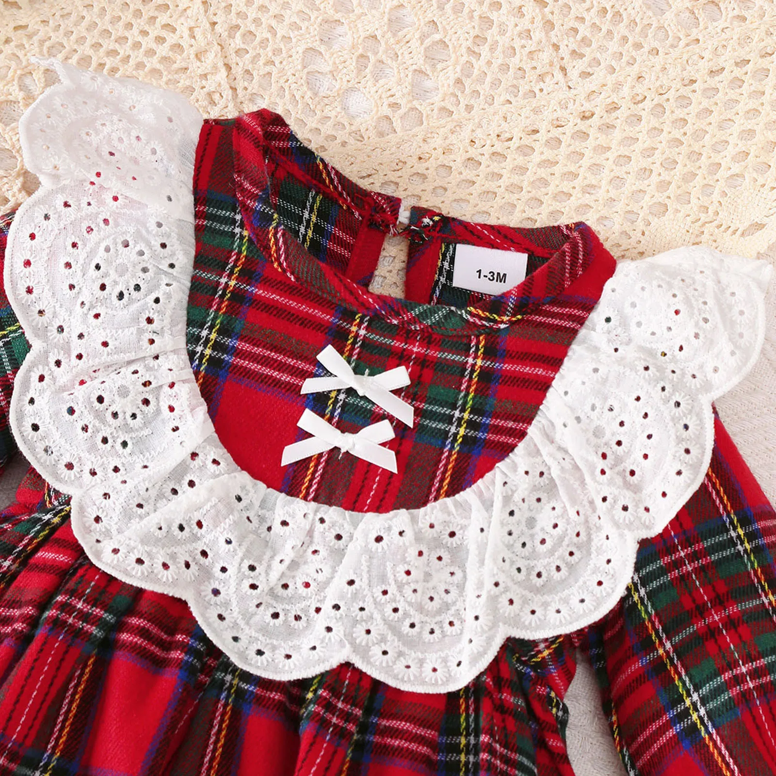 0-18 Months Baby Girl Christmas 2Pcs Red Plaid Long Sleeve Dress Set Lace Ruffle Headband Autumn Infant Princess Dress  Outfit