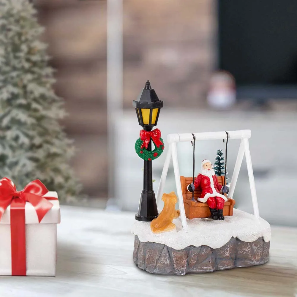 Christmas Village Santa Swing Decoration LED Lighted Figurine Miniature Scene Xmas Tree Snow House Tabletop Ornament Gift Decor