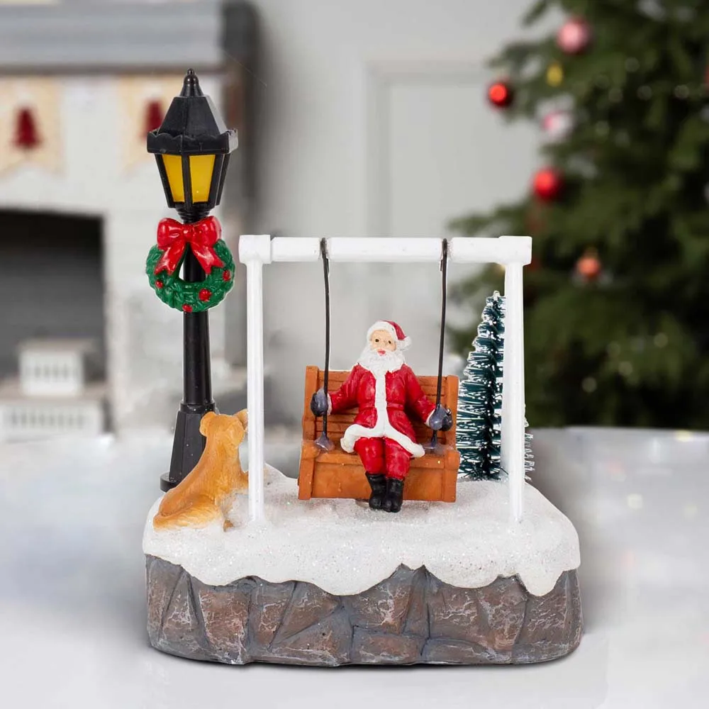 Christmas Village Santa Swing Decoration LED Lighted Figurine Miniature Scene Xmas Tree Snow House Tabletop Ornament Gift Decor