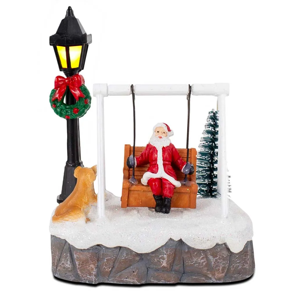 Christmas Village Santa Swing Decoration LED Lighted Figurine Miniature Scene Xmas Tree Snow House Tabletop Ornament Gift Decor