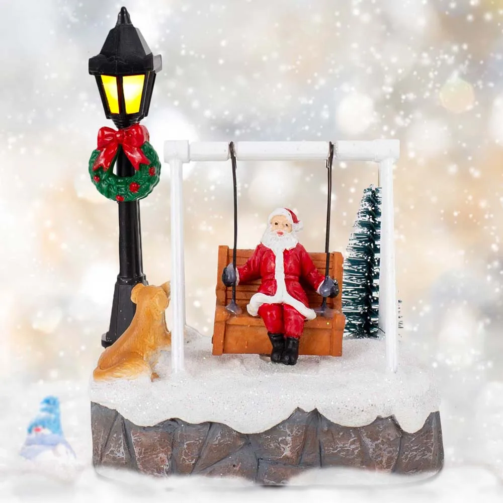 Christmas Village Santa Swing Decoration LED Lighted Figurine Miniature Scene Xmas Tree Snow House Tabletop Ornament Gift Decor