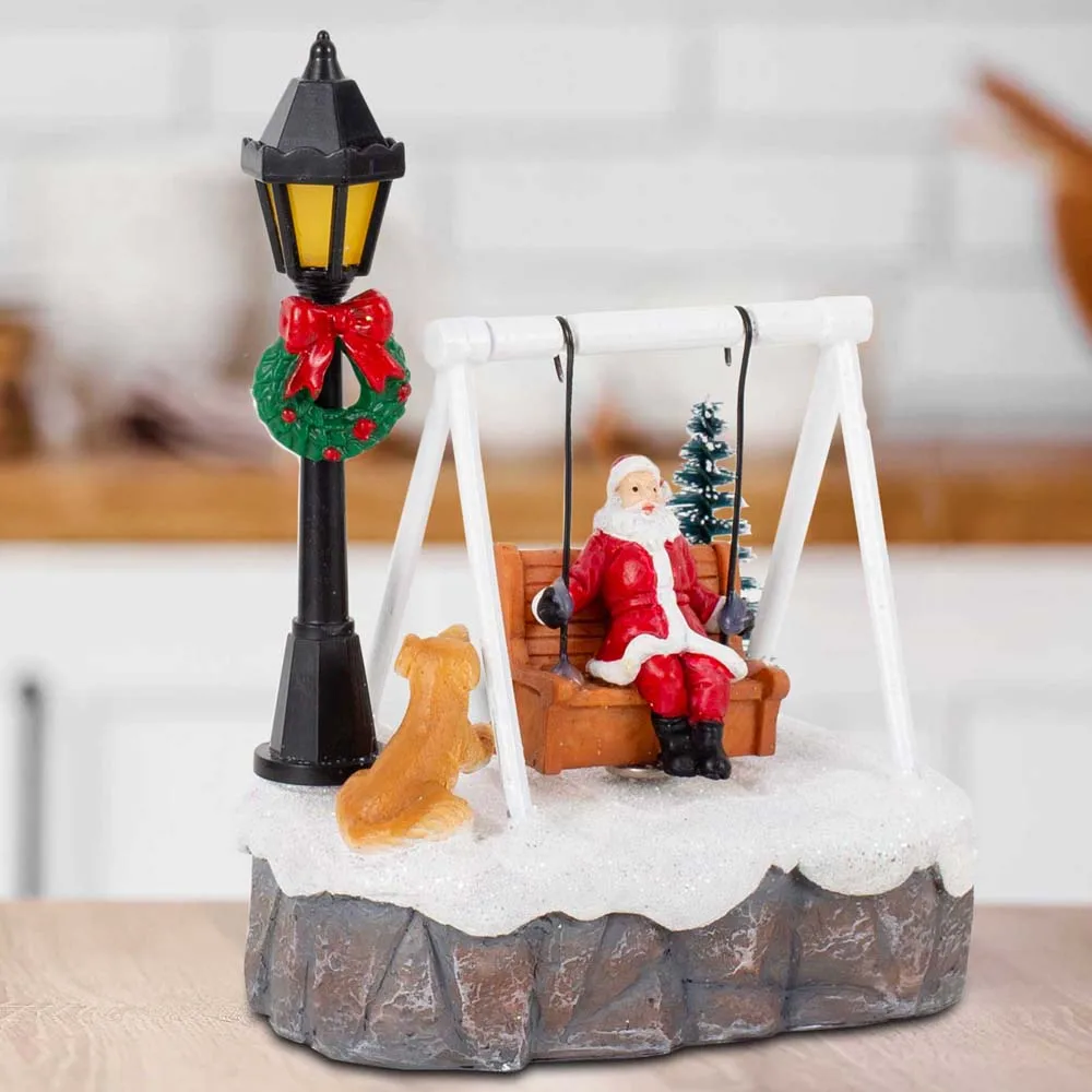 Christmas Village Santa Swing Decoration LED Lighted Figurine Miniature Scene Xmas Tree Snow House Tabletop Ornament Gift Decor