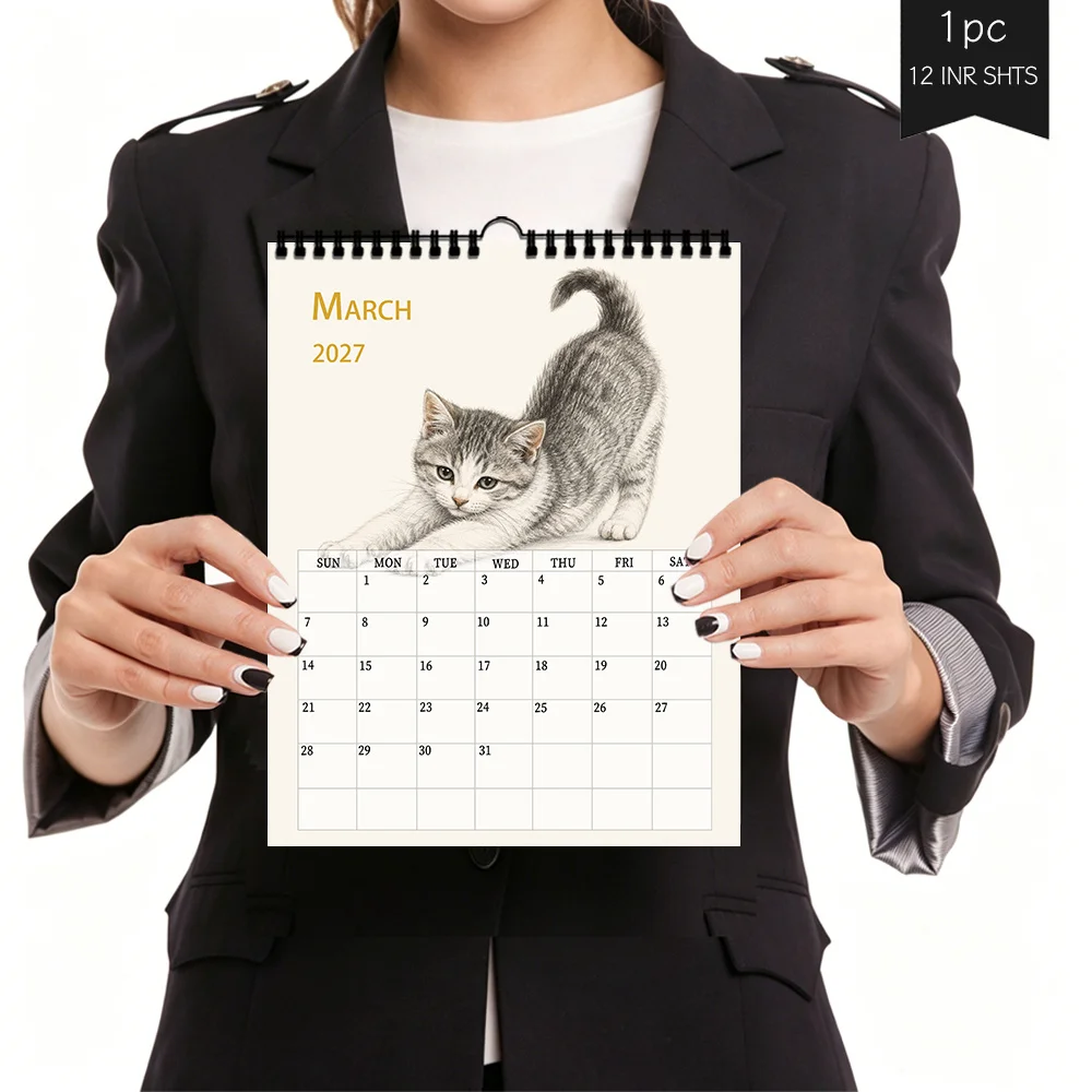 1pc 2027 Wall Calendar, Realistic Sketch Cat Theme, 12-Month Monthly Planner, Perfect Gift For Birthdays, Christmas, New Year