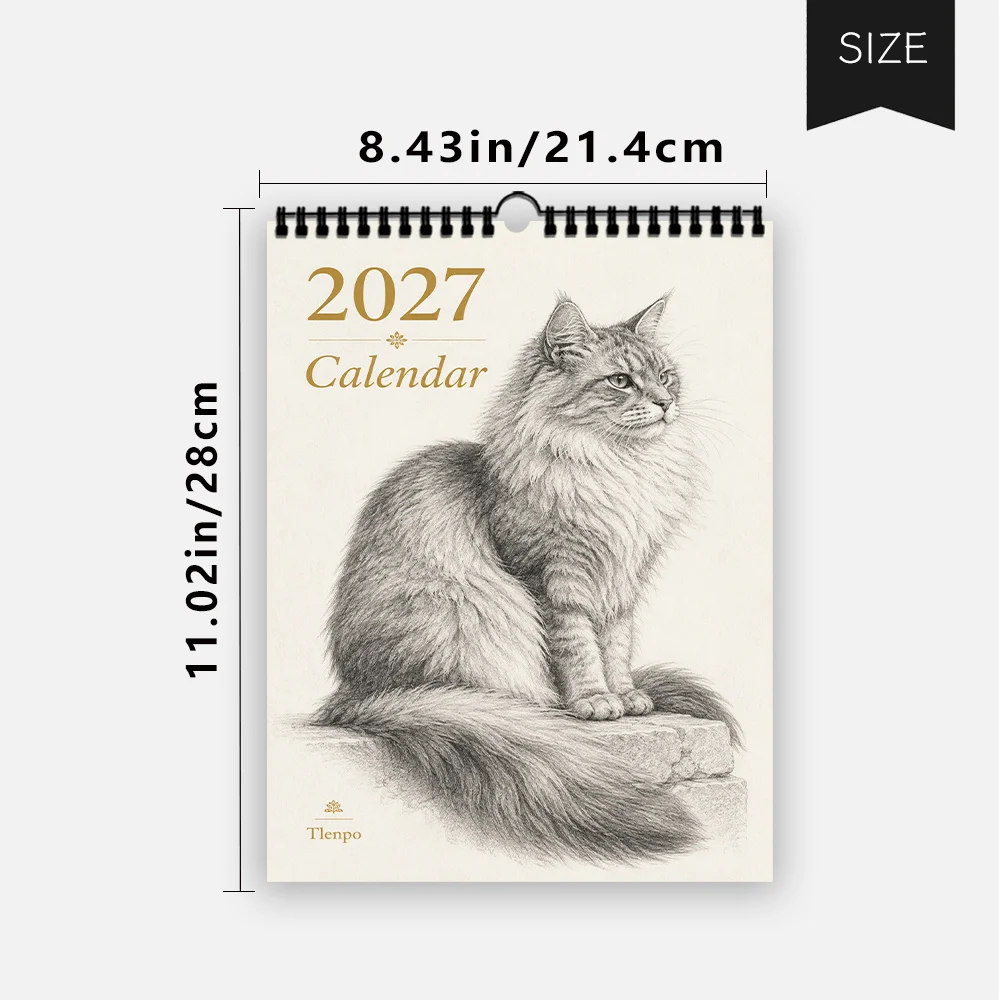 1pc 2027 Wall Calendar, Realistic Sketch Cat Theme, 12-Month Monthly Planner, Perfect Gift For Birthdays, Christmas, New Year