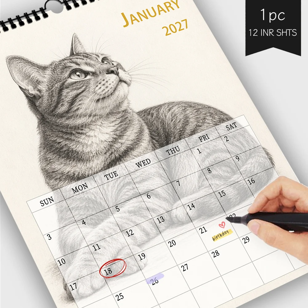 1pc 2027 Wall Calendar, Realistic Sketch Cat Theme, 12-Month Monthly Planner, Perfect Gift For Birthdays, Christmas, New Year