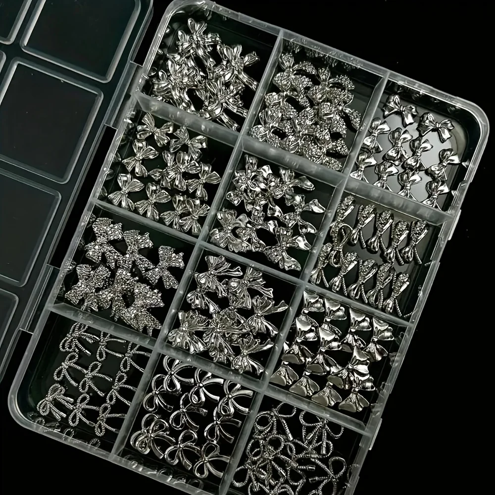 120Pcs Silver Nail Art Decorations Y2K Style Metal Charms For Christmas Wedding Valentine's Day DIY Manicure Supplies