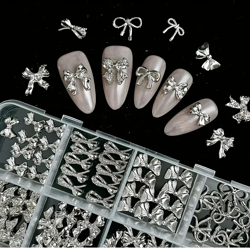 120Pcs Silver Nail Art Decorations Y2K Style Metal Charms For Christmas Wedding Valentine's Day DIY Manicure Supplies