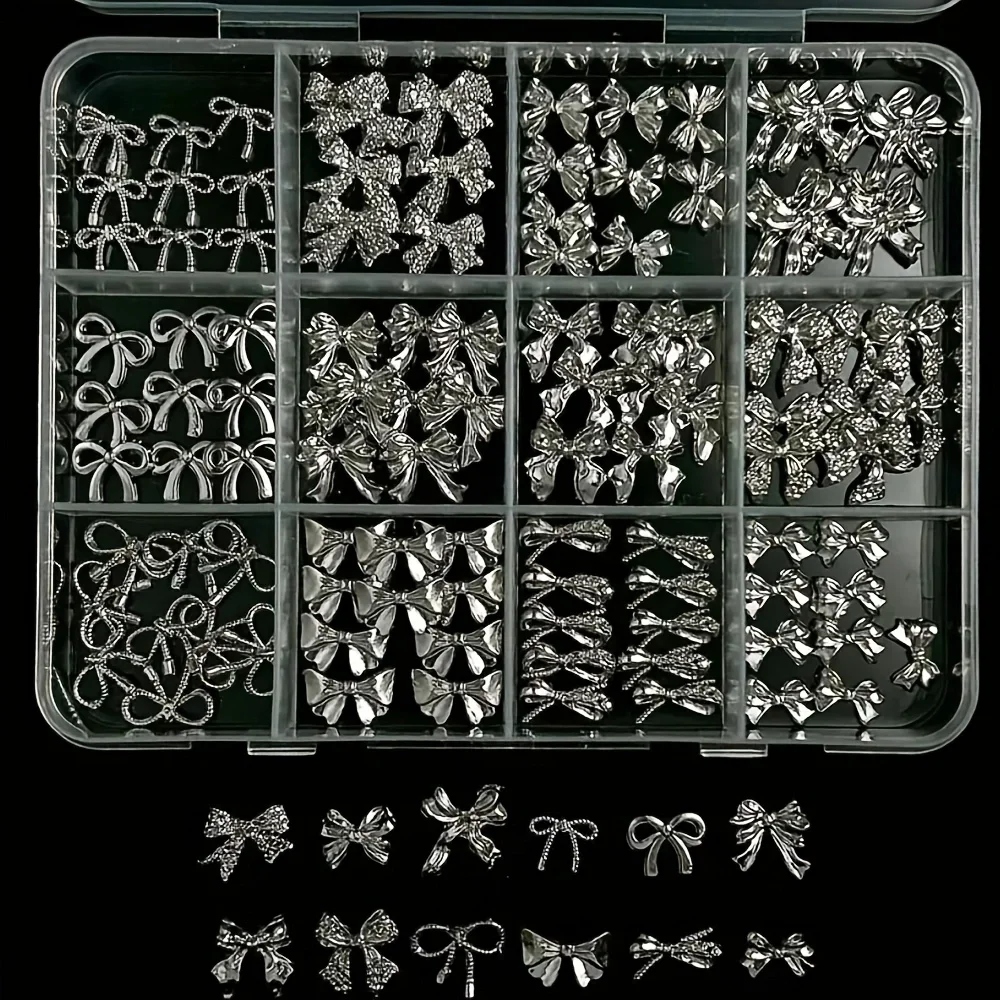 120Pcs Silver Nail Art Decorations Y2K Style Metal Charms For Christmas Wedding Valentine's Day DIY Manicure Supplies