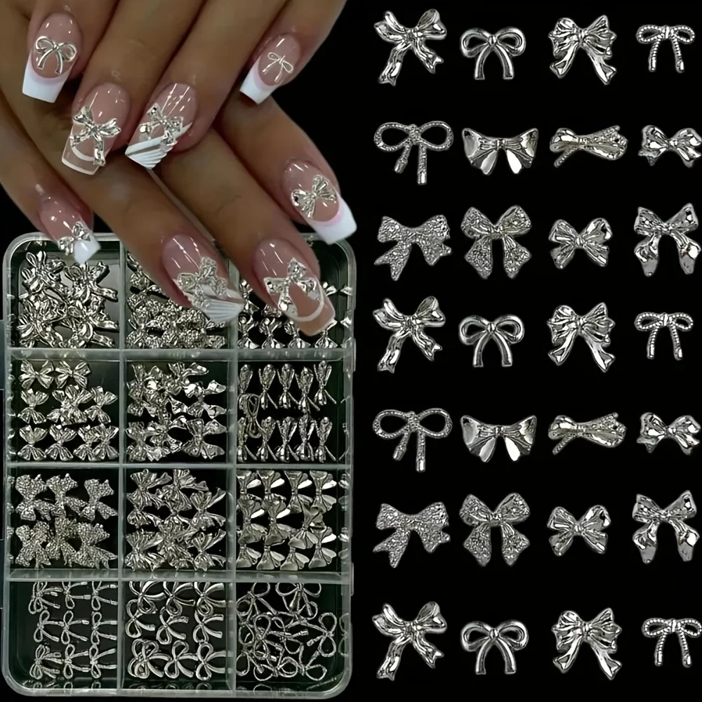120Pcs Silver Nail Art Decorations Y2K Style Metal Charms For Christmas Wedding Valentine's Day DIY Manicure Supplies