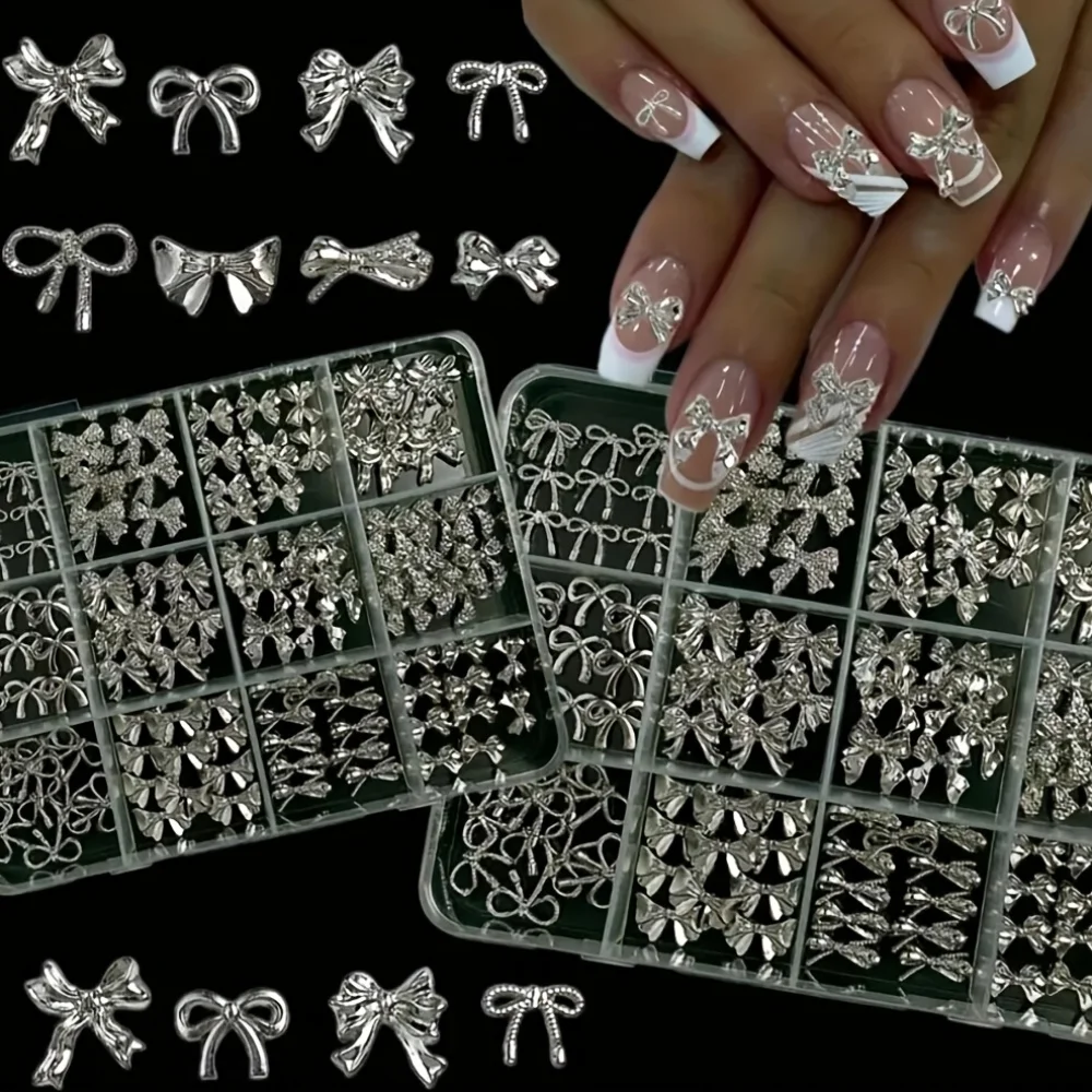 120Pcs Silver Nail Art Decorations Y2K Style Metal Charms For Christmas Wedding Valentine's Day DIY Manicure Supplies