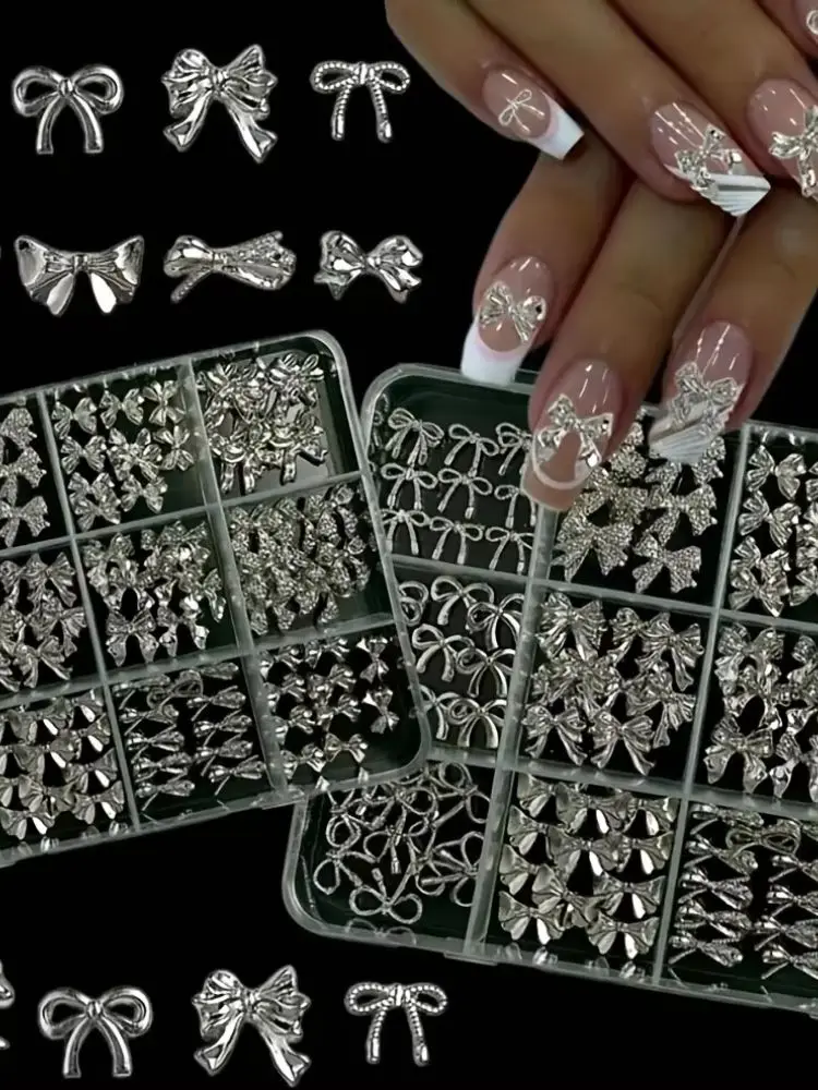 120Pcs Silver Nail Art Decorations Y2K Style Metal Charms For Christmas Wedding Valentine's Day DIY Manicure Supplies