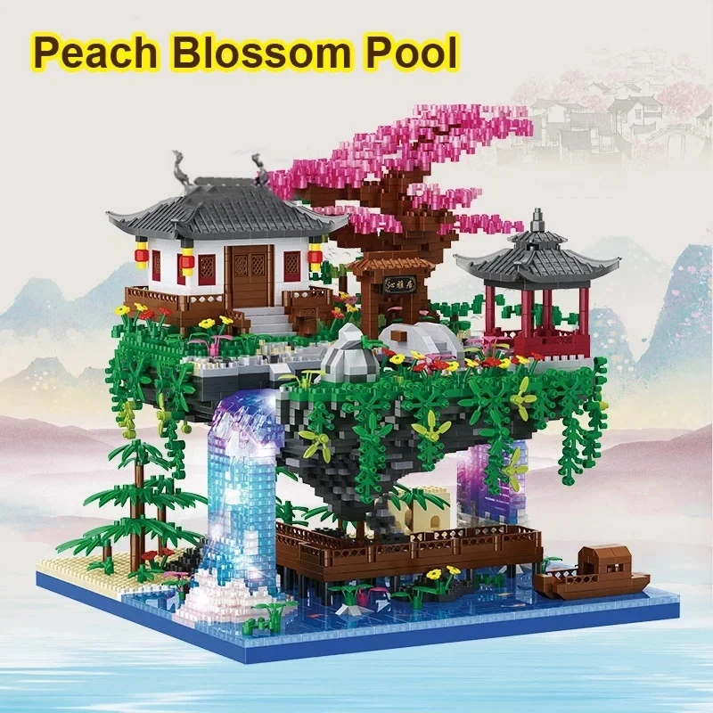 City Architecture Building Blocks Mini Tree House Peach Blossom Pond With Light Set Children Toy Holiday Christmas Gift
