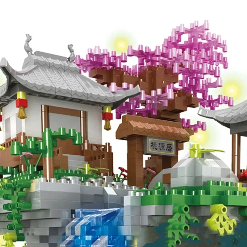 City Architecture Building Blocks Mini Tree House Peach Blossom Pond With Light Set Children Toy Holiday Christmas Gift