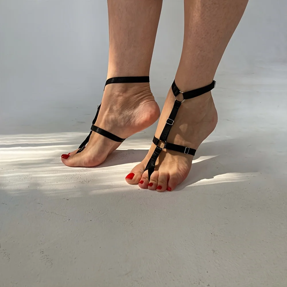 Black elastic strap ankle chain, minimalist style, summer beach footwear, Christmas Valentine's Day gift
