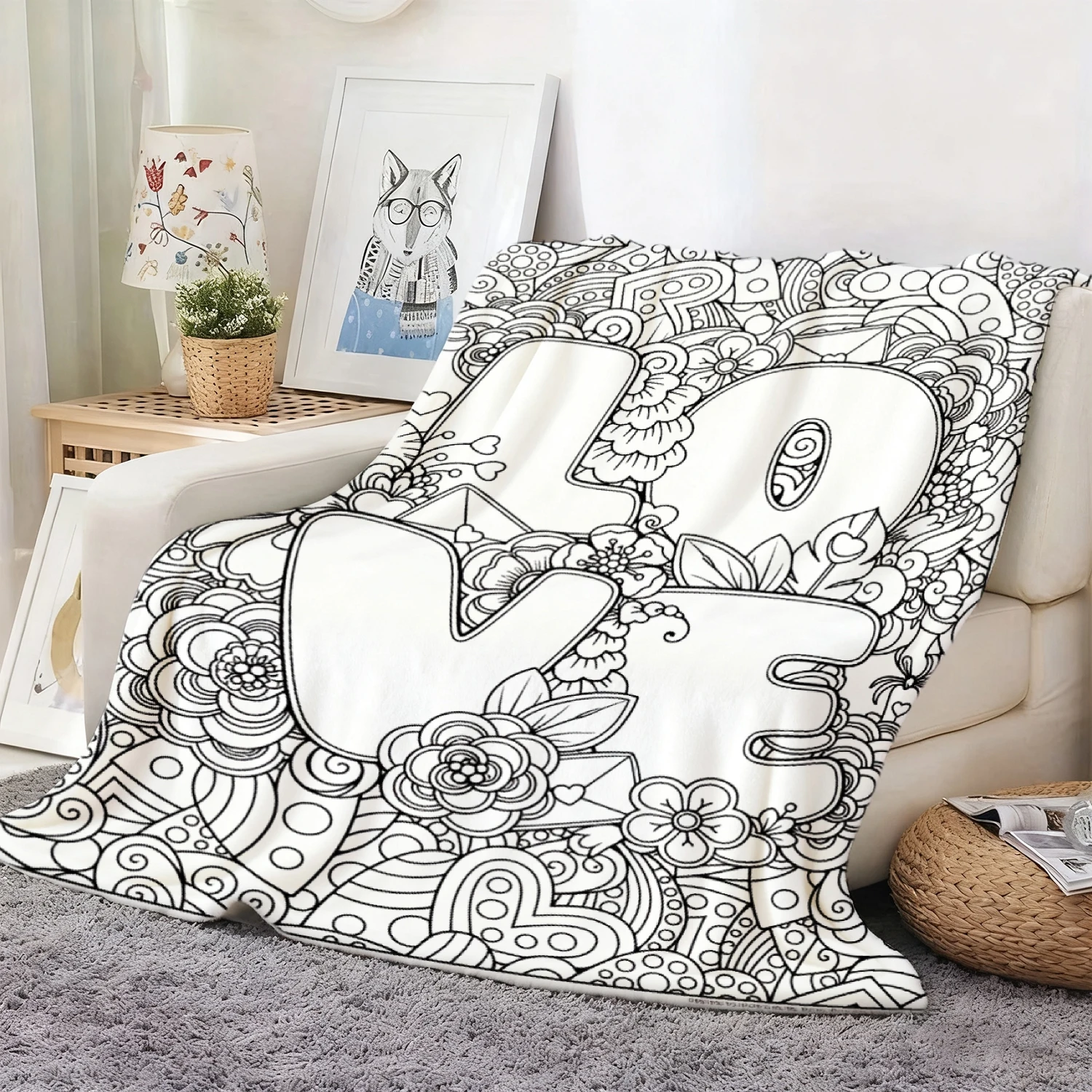 Black White Coloring Page Anime Flannel Throw, Soft Comfortable for Sofa Bed Couch Travel Birthday Christmas Gift