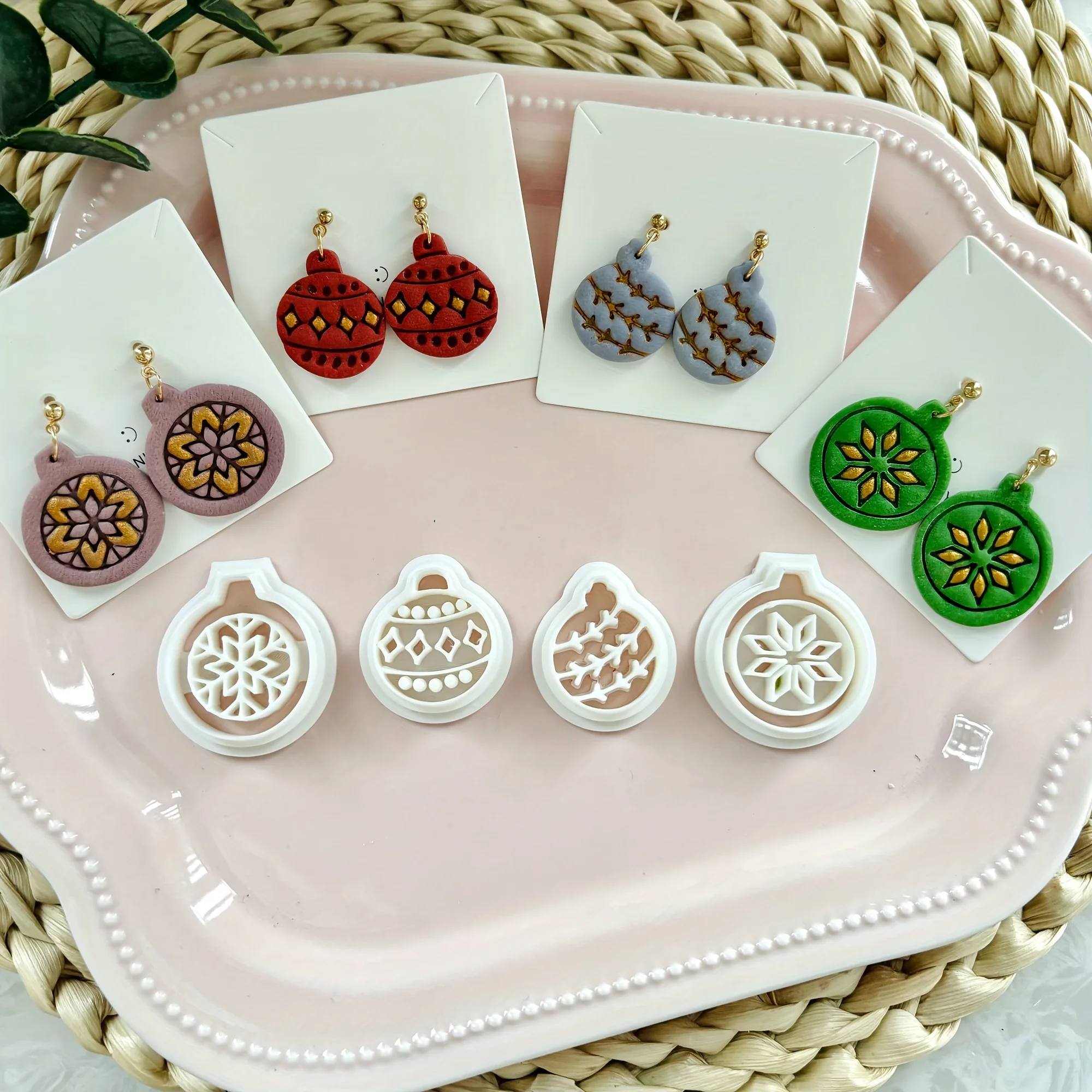 4Pcs Christmas Ornament Polymer Clay Cutters Set Festive Winter Earring Mold Kit Polyester Resin Clay Tools for Jewelry Making