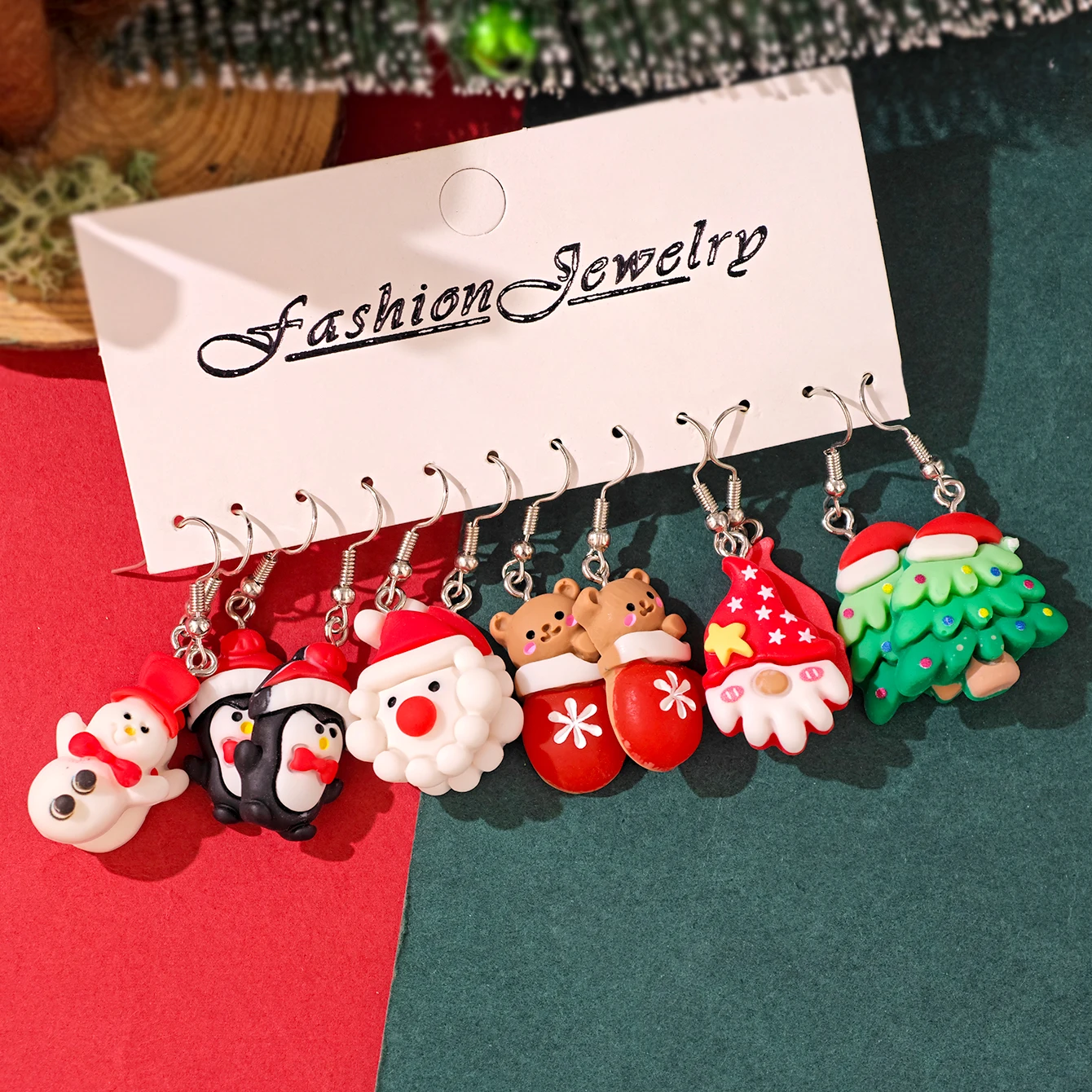 New Cute Cartoon Gingerbread Man Christmas Tree Santa Penguin Resin Drop Earrings Set Women's Christmas Gift Jewelry