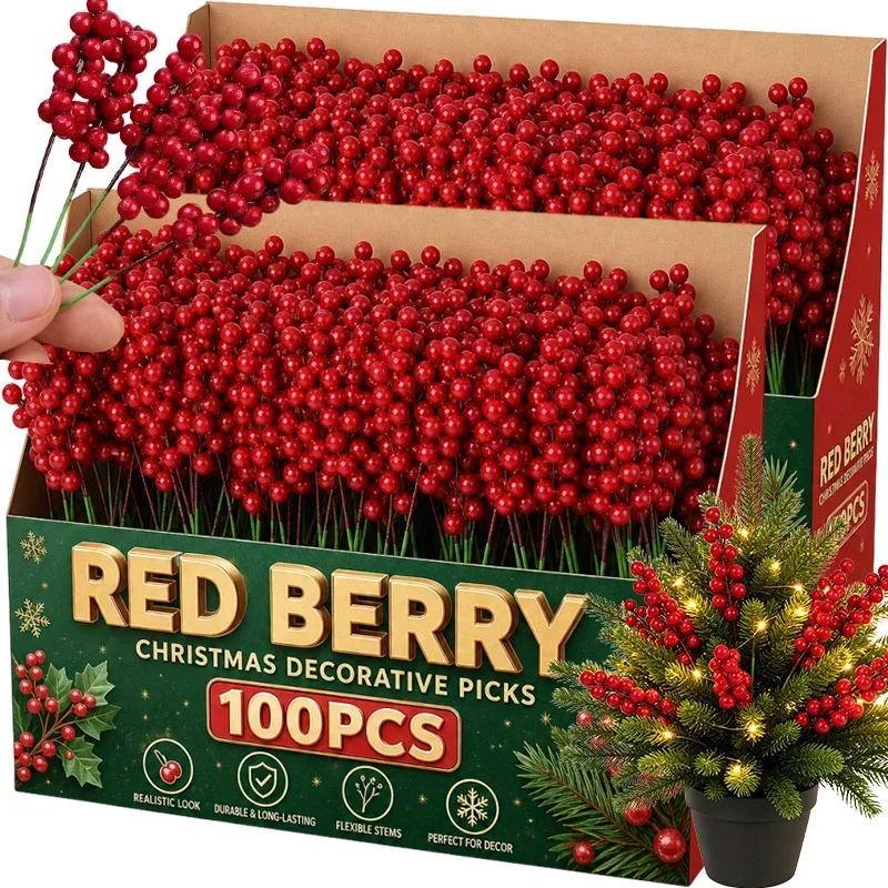 Christmas Artificial Berries Stem Fake Red Holly Berry Branches Flower Bouquet for Xmas Tree New Year Party Home Decor Ornament