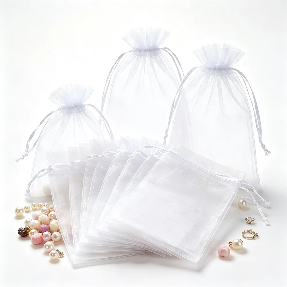 100pcs White Organza Drawstring Gift Pouches Sheer Favor Bags for Jewelry Candy Wedding Christmas Birthday Party Packaging