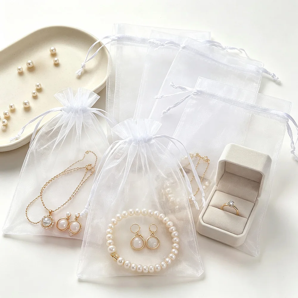 100pcs White Organza Drawstring Gift Pouches Sheer Favor Bags for Jewelry Candy Wedding Christmas Birthday Party Packaging