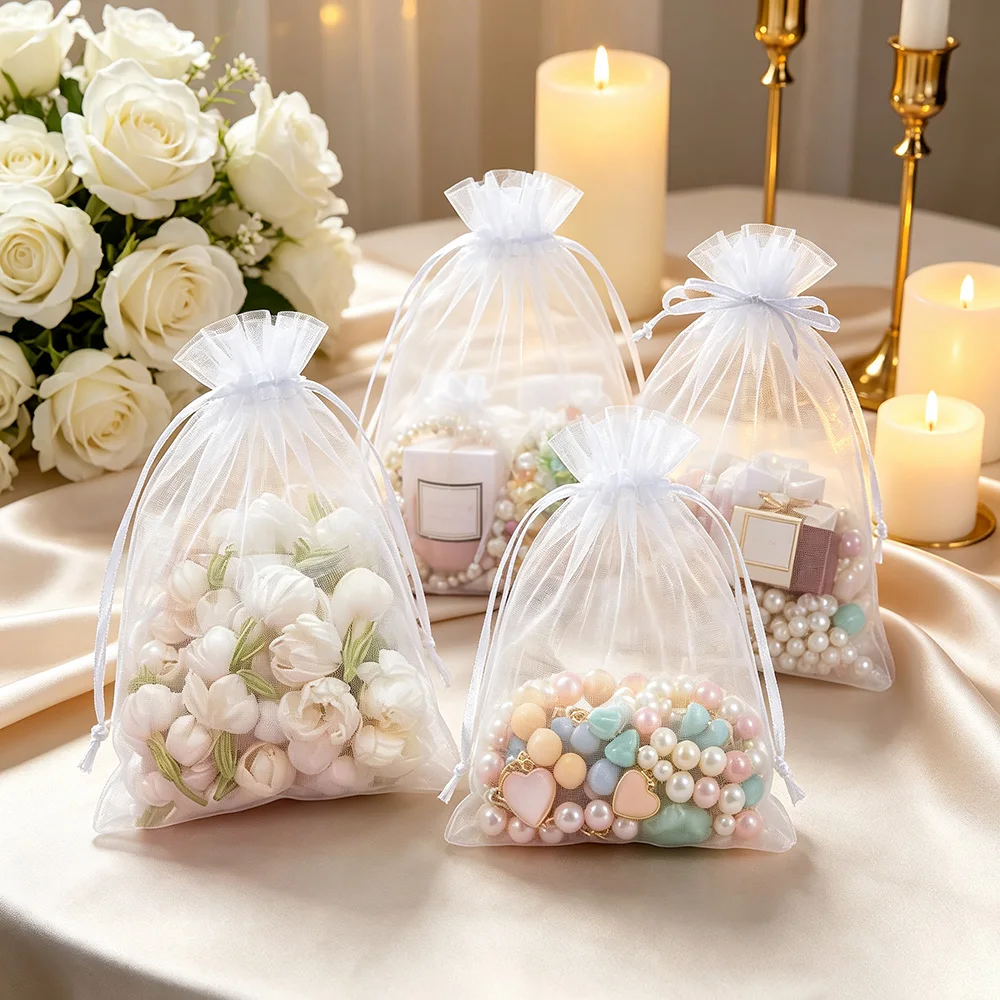 100pcs White Organza Drawstring Gift Pouches Sheer Favor Bags for Jewelry Candy Wedding Christmas Birthday Party Packaging