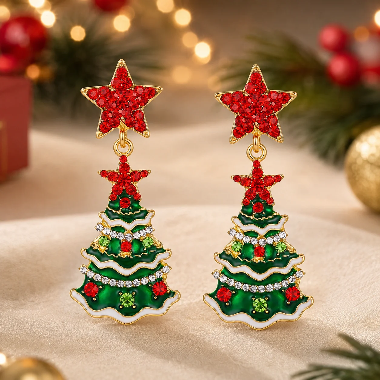 Festive Rhinestone Christmas Tree Drop Earrings for Women Green Red Enamel Star Dangle Holiday Party Statement Jewelry Gift