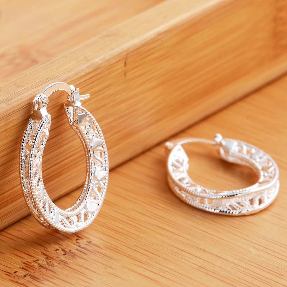 1Pair 925 Sterling Silver Earrings for Women Jewelry Exquisite Round Carved Wedding Heart Christmas Gifts Party