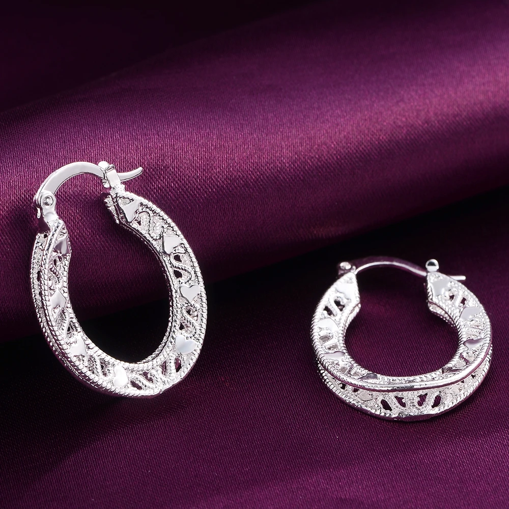 1Pair 925 Sterling Silver Earrings for Women Jewelry Exquisite Round Carved Wedding Heart Christmas Gifts Party