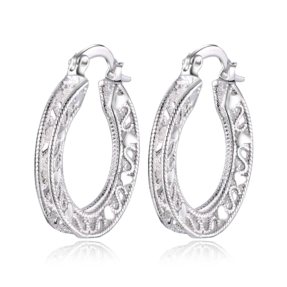 1Pair 925 Sterling Silver Earrings for Women Jewelry Exquisite Round Carved Wedding Heart Christmas Gifts Party