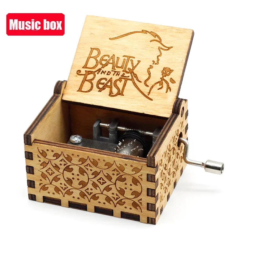 @ 2026 HOT sale 2 STYLES Antique carved Wooden Hand Crank Beauty and the Beast Music Box Christmas Birthday Gift