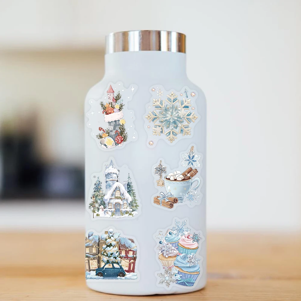 50PCS Dreamy Blue Winter Watercolor Art PET Sticker Snowman Snow Castle Christmas Tree Flower Beautiful Art Decoration Scrapbook