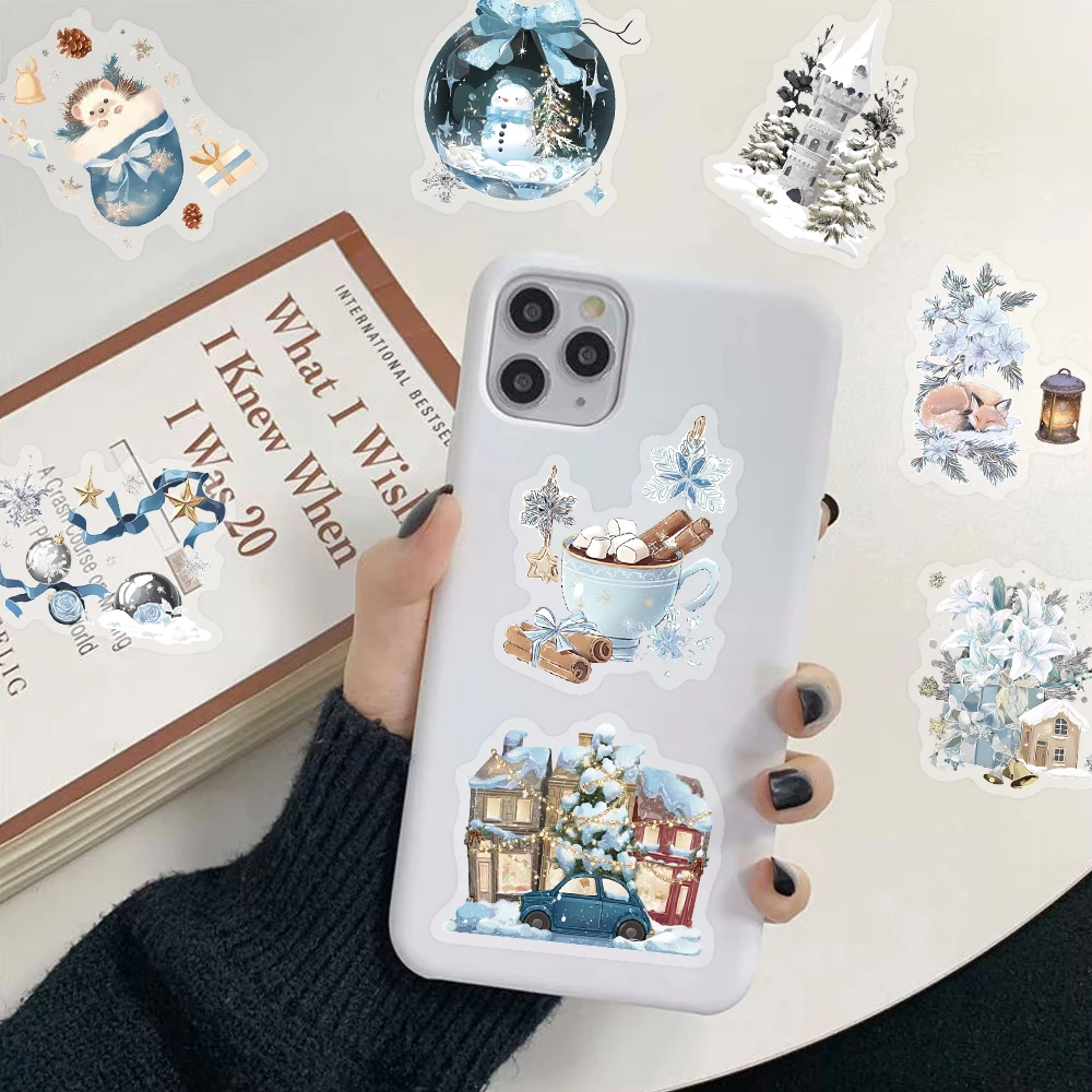 50PCS Dreamy Blue Winter Watercolor Art PET Sticker Snowman Snow Castle Christmas Tree Flower Beautiful Art Decoration Scrapbook