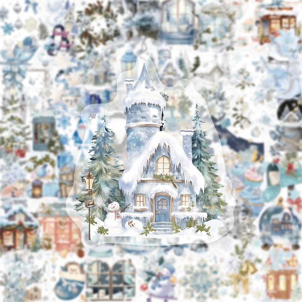 50PCS Dreamy Blue Winter Watercolor Art PET Sticker Snowman Snow Castle Christmas Tree Flower Beautiful Art Decoration Scrapbook