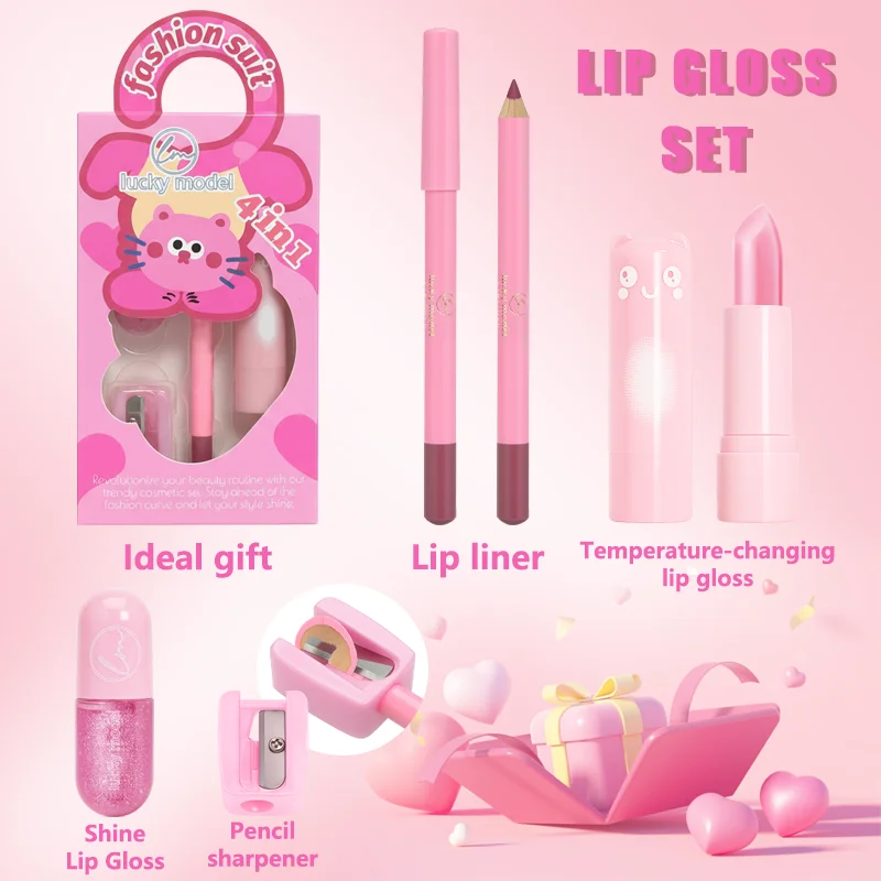 4 Pcs Set Of Rich Lip Color Lipliner Lipstick Set Mirror Water Natural Long-Acting Lip Color Pearl Lip Glaze Christmas Gift