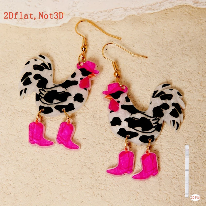 European American Cross Border New 2D Flat Acrylic Chicken Earrings Christmas Funny Creative Animal Ear Jewelry