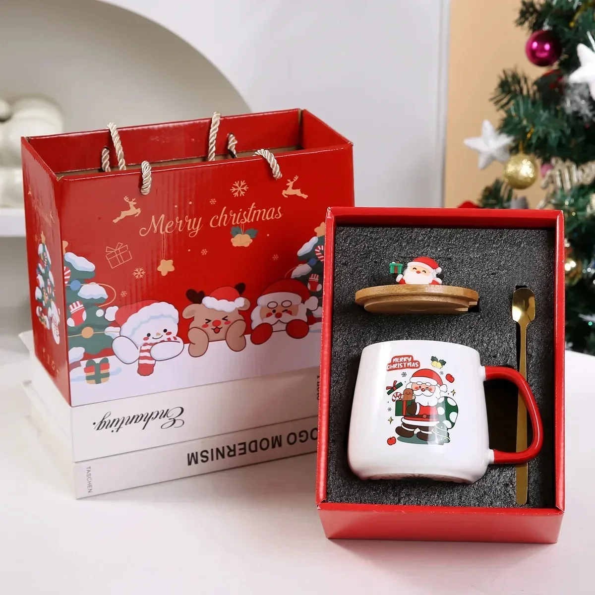 Christmas Gift New Year Set:55 ℃ Thermostat Mugs Cup Snowman Ceramic Cup with Lid with Spoon Mugs Coffee Cups for Home or Office