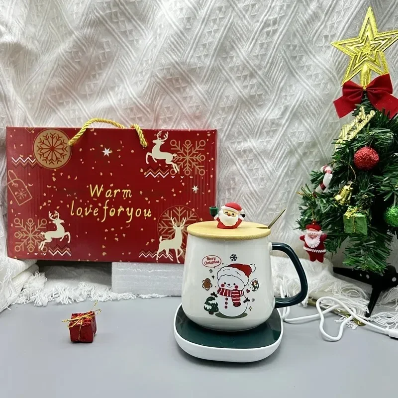 Christmas Gift New Year Set:55 ℃ Thermostat Mugs Cup Snowman Ceramic Cup with Lid with Spoon Mugs Coffee Cups for Home or Office