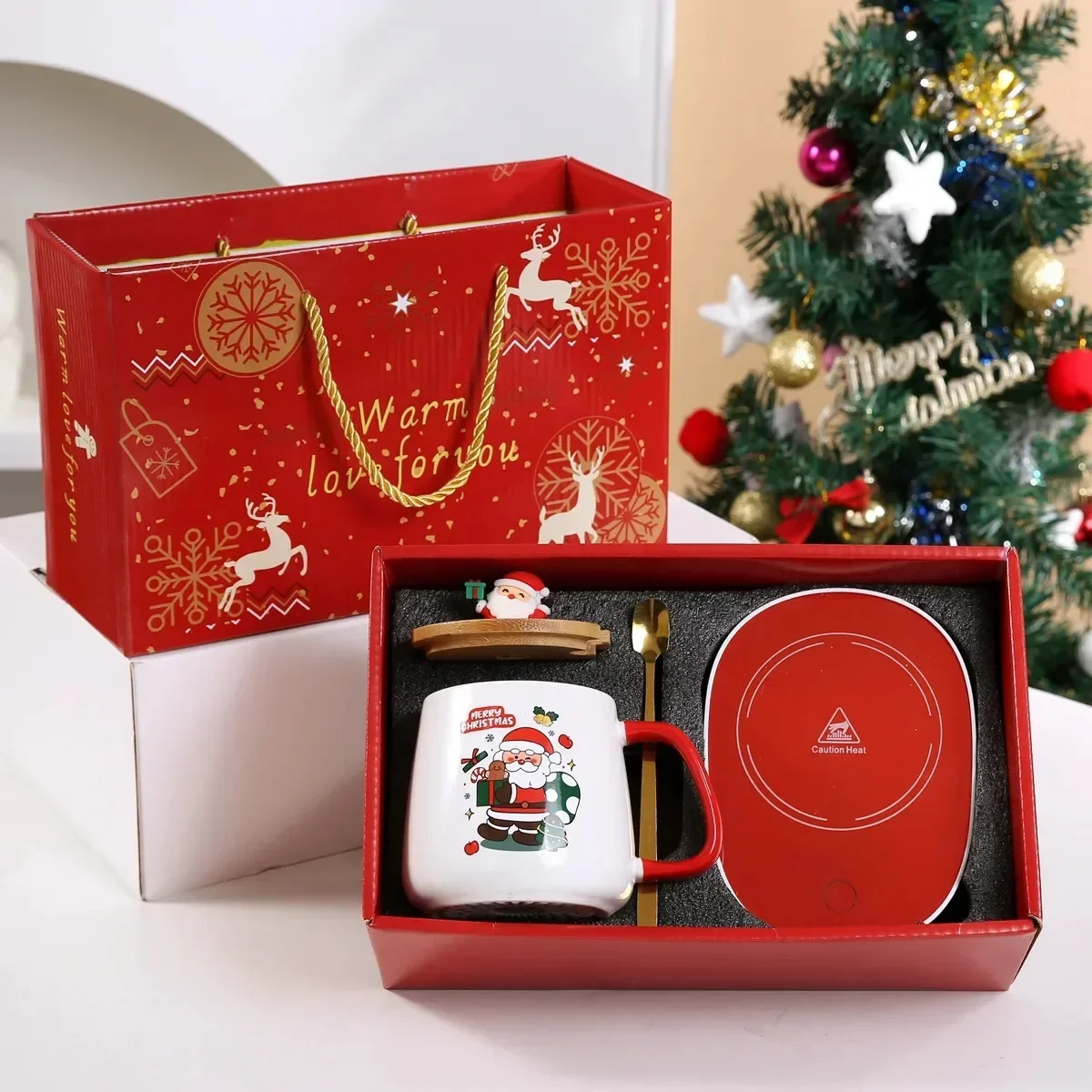 Christmas Gift New Year Set:55 ℃ Thermostat Mugs Cup Snowman Ceramic Cup with Lid with Spoon Mugs Coffee Cups for Home or Office