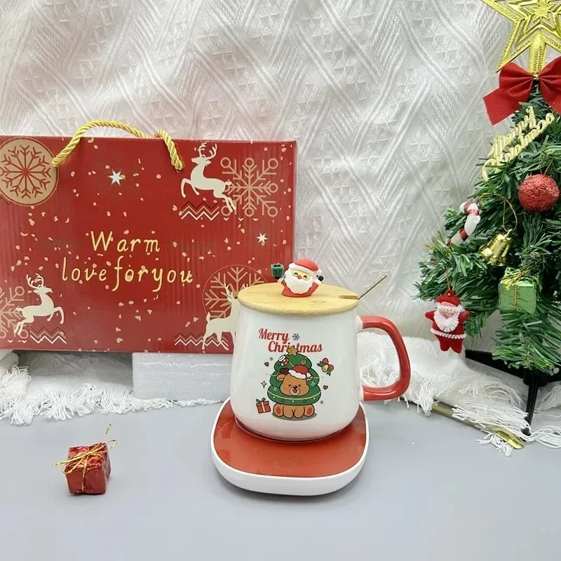 Christmas Gift New Year Set:55 ℃ Thermostat Mugs Cup Snowman Ceramic Cup with Lid with Spoon Mugs Coffee Cups for Home or Office
