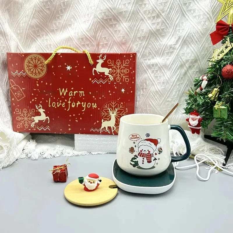 Christmas Gift New Year Set:55 ℃ Thermostat Mugs Cup Snowman Ceramic Cup with Lid with Spoon Mugs Coffee Cups for Home or Office