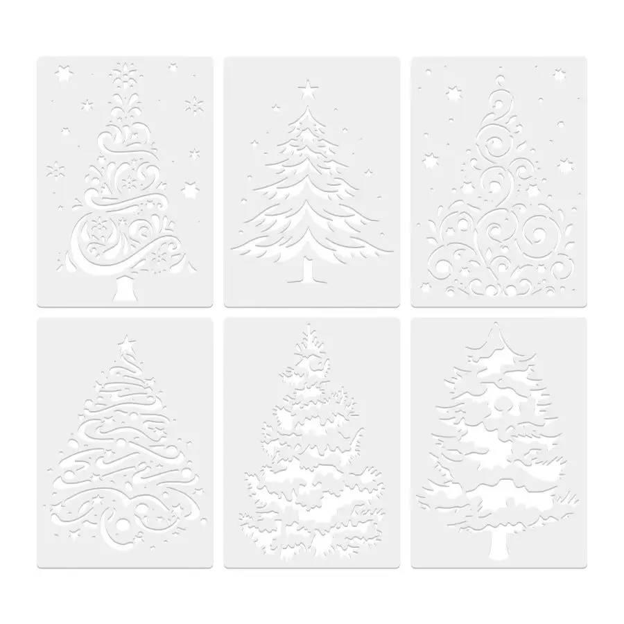 6PCS 8.3×5.9inch Christmas Tree Painting Stencil Set for DIY Craft Wall Card Decoration