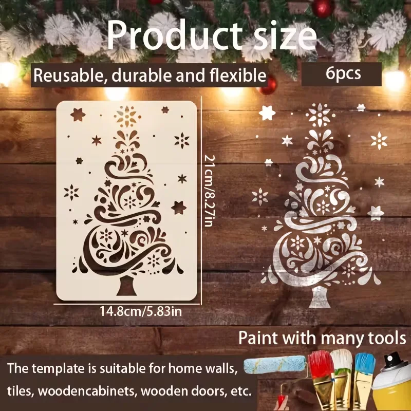 6PCS 8.3×5.9inch Christmas Tree Painting Stencil Set for DIY Craft Wall Card Decoration