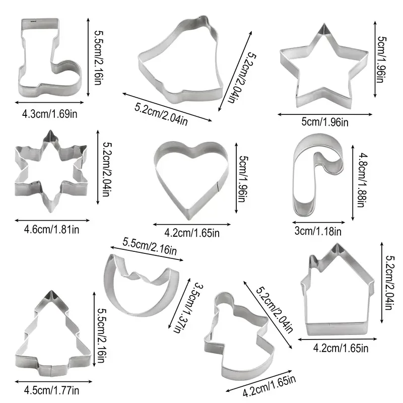 10PC Christmas Cookie Cutter Set-Stainless Steel Biscuit Mould with 10 Shapes for Baking Tools DIY Holiday Cookies for Beginner