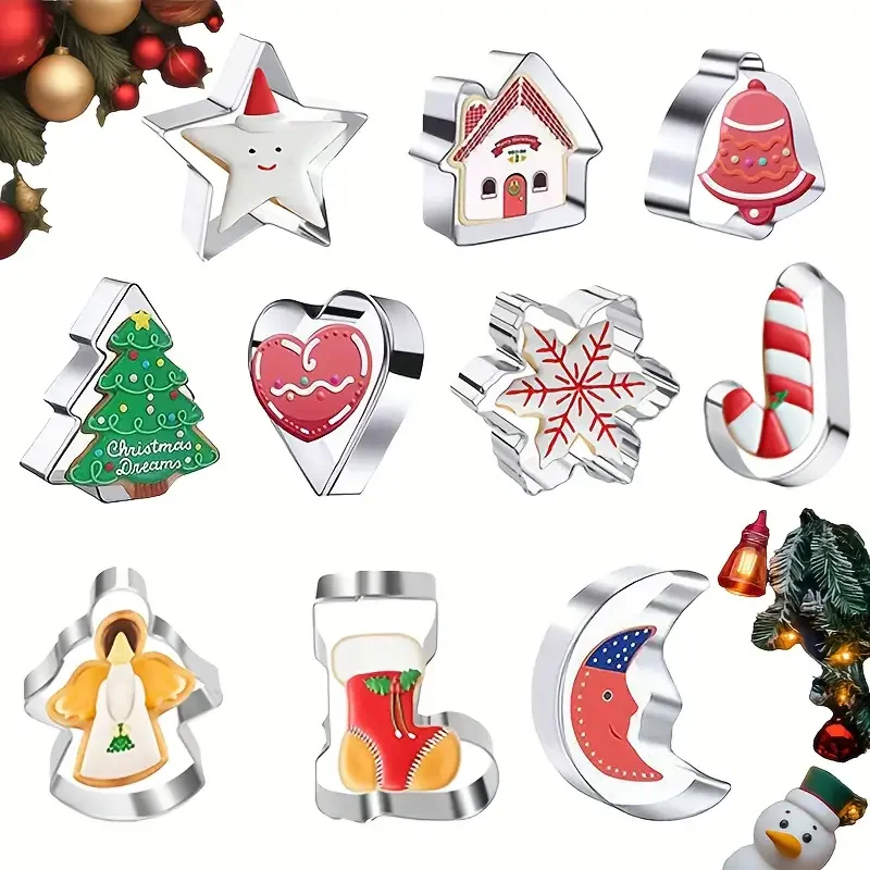 10PC Christmas Cookie Cutter Set-Stainless Steel Biscuit Mould with 10 Shapes for Baking Tools DIY Holiday Cookies for Beginner