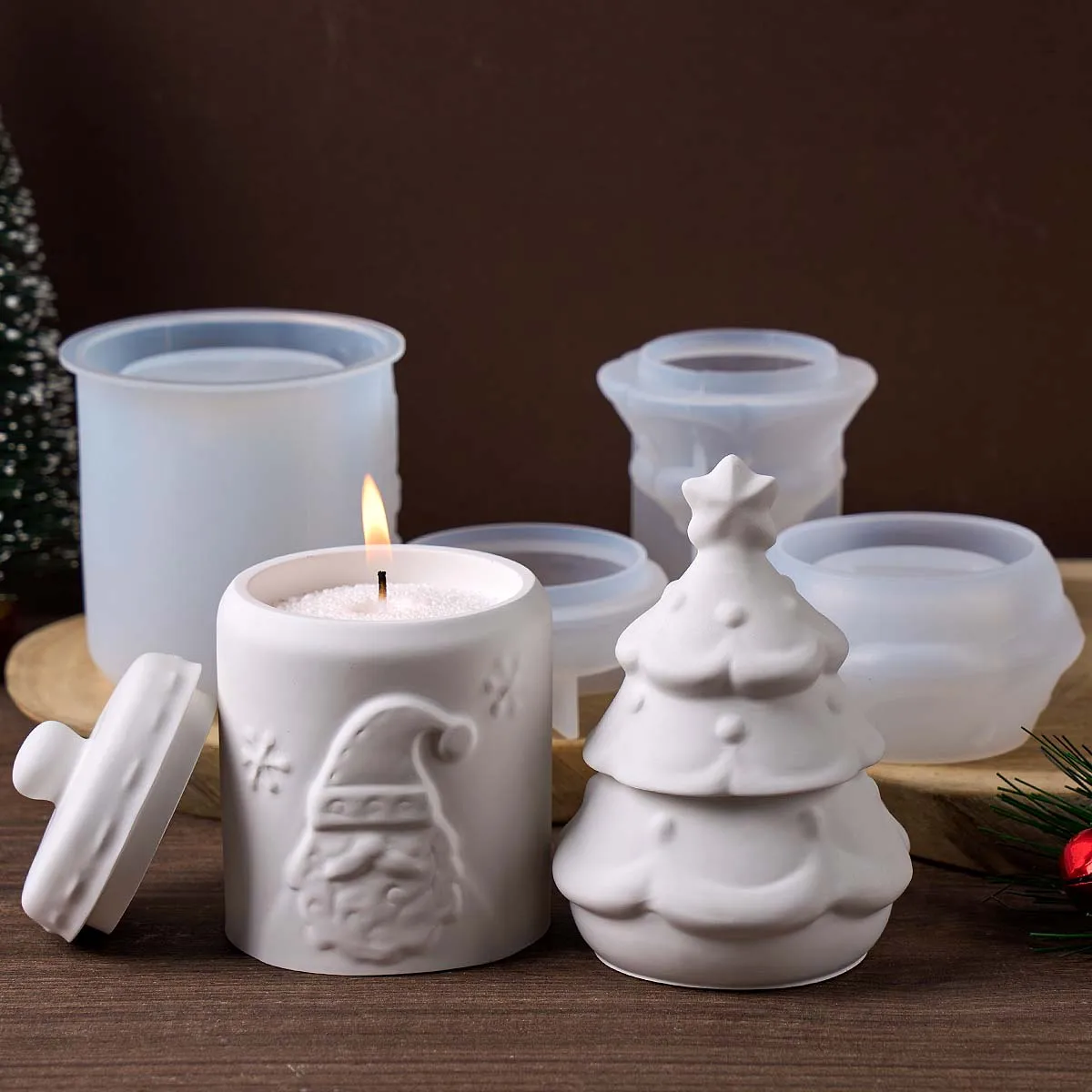 Christmas Tree Santa Claus Candle Jar Mold DIY Handmade Christmas Ornament Plaster Resin Craft Casting Molds Home Party Decor