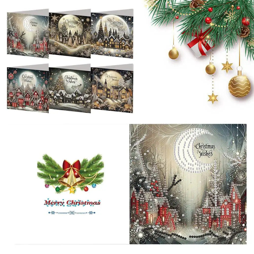 6pcs DIY Diamond Painting Greeting Cards Christmas Rhinestone Art Mosaic Postcards Festive Holiday Celebration Craft Gift Set
