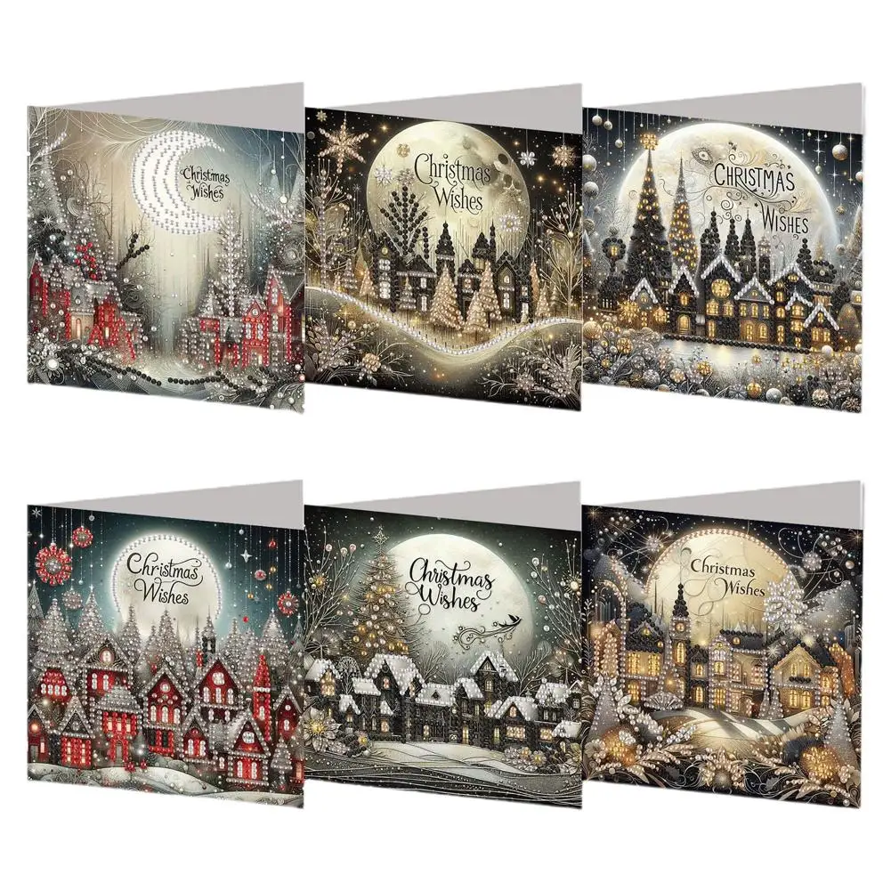 6pcs DIY Diamond Painting Greeting Cards Christmas Rhinestone Art Mosaic Postcards Festive Holiday Celebration Craft Gift Set