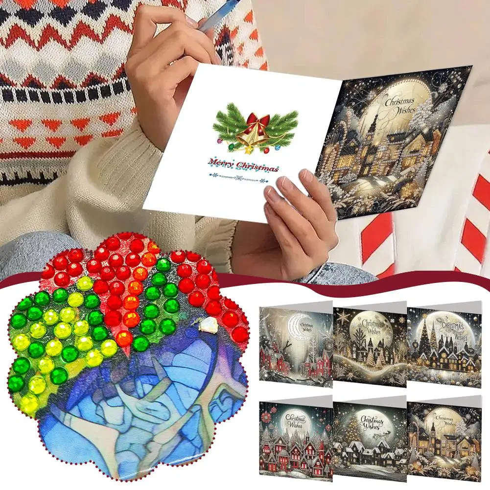 6pcs DIY Diamond Painting Greeting Cards Christmas Rhinestone Art Mosaic Postcards Festive Holiday Celebration Craft Gift Set