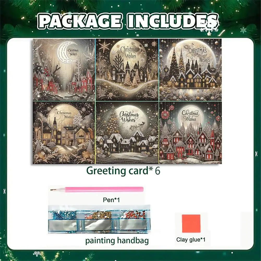 6pcs DIY Diamond Painting Greeting Cards Christmas Rhinestone Art Mosaic Postcards Festive Holiday Celebration Craft Gift Set