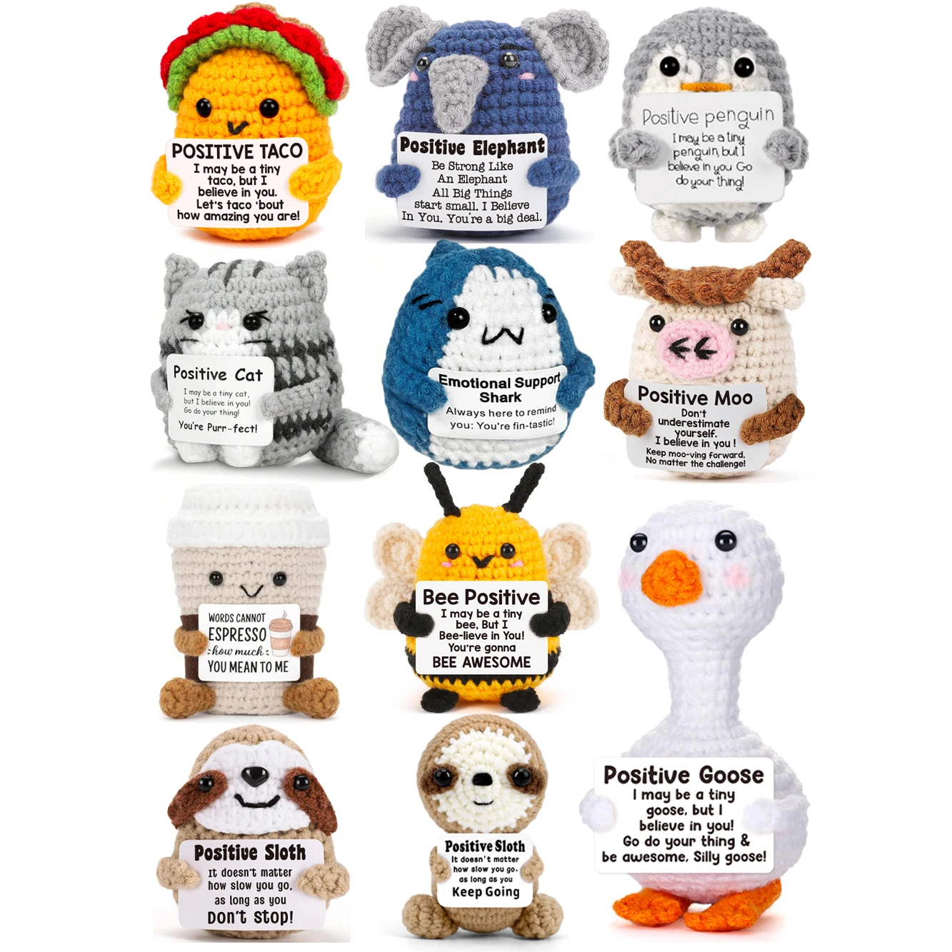 1 Piece of Mini Positive Energy Crochet Animal, Fun and Inspirational Birthday Gift for Women, Men, Friends, and Colleagues, in the Shape of a Shark, Duck, or Cat, Comes with a Positive Energy Card, Warm and Cute Decoration for Birthdays, Christmas, and Valentine's Day